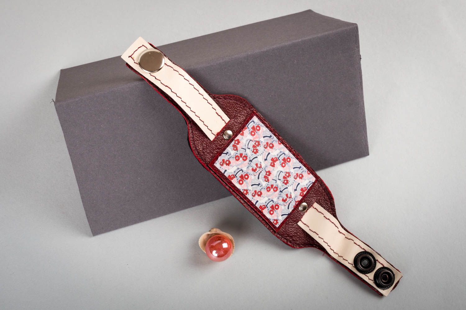 Unusual leather bracelet handmade accessory with print designer jewelry photo 1