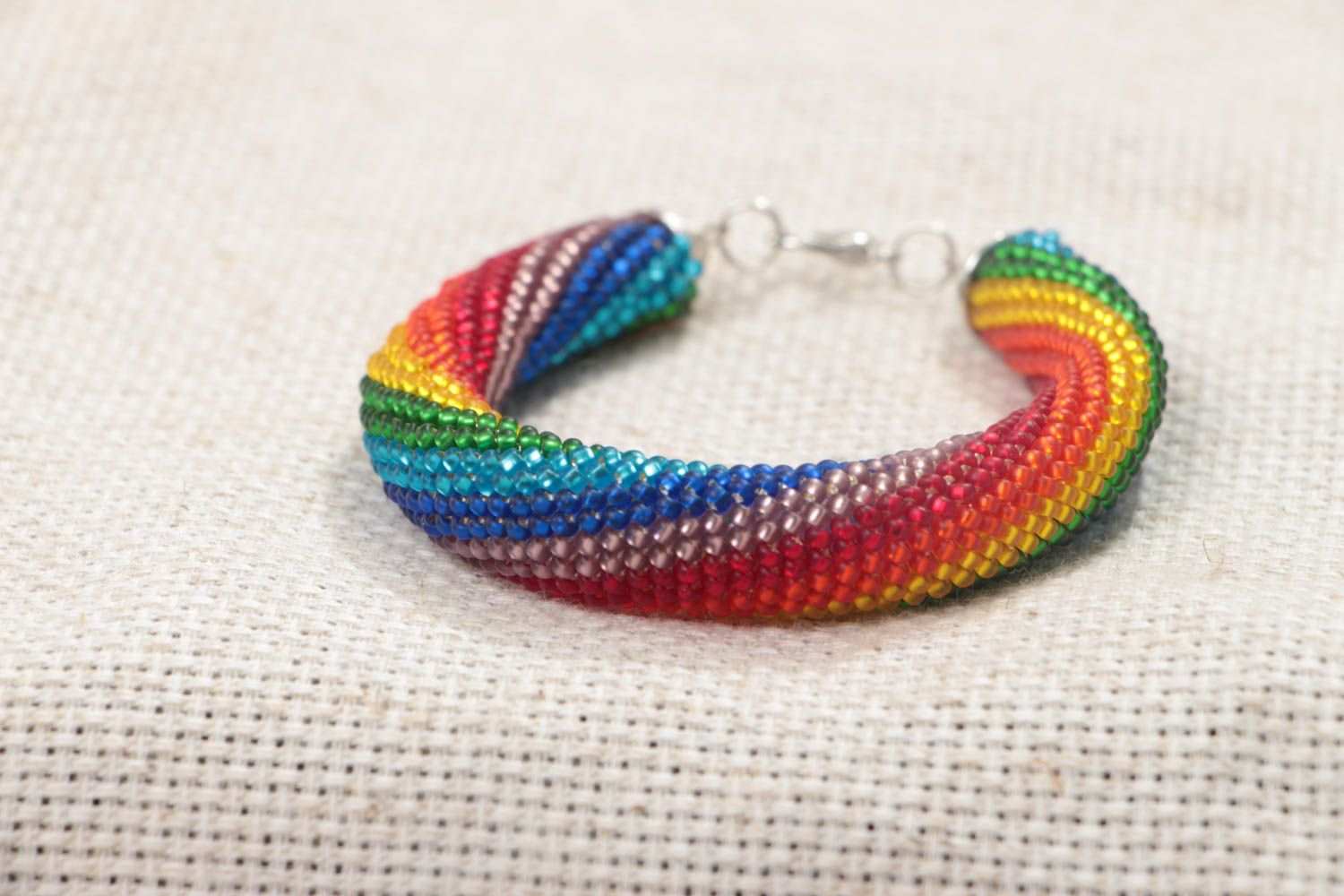 Handmade massive stylish wrist beaded cord bracelet of rainbow coloring photo 1