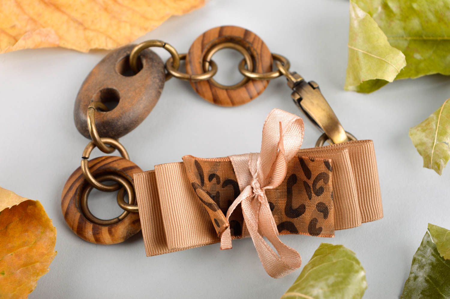 Bracelet bois rubans de reps Bijou fait main marron original Cadeau femme photo 1