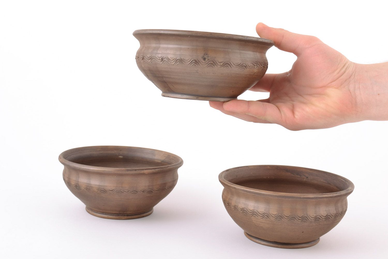 Clay bowl set of 3 pieces 250 ml beautiful brown hand made tableware photo 2