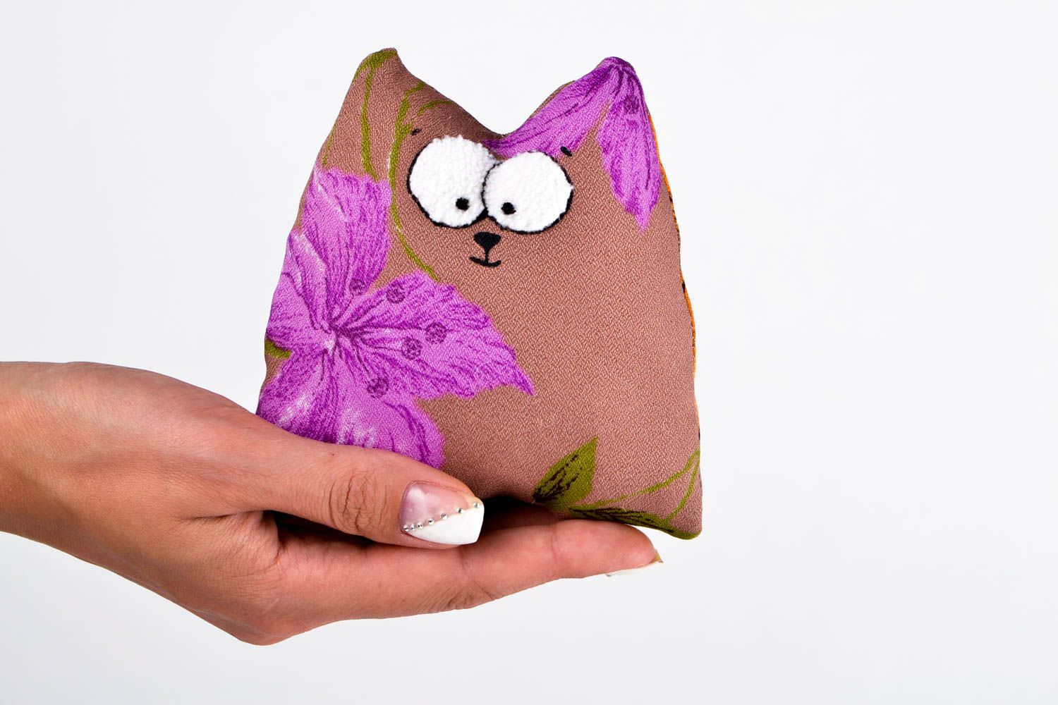 Peluche chat violet Jouet fait main en tissus à fleurs Cadeau pour enfant photo 2