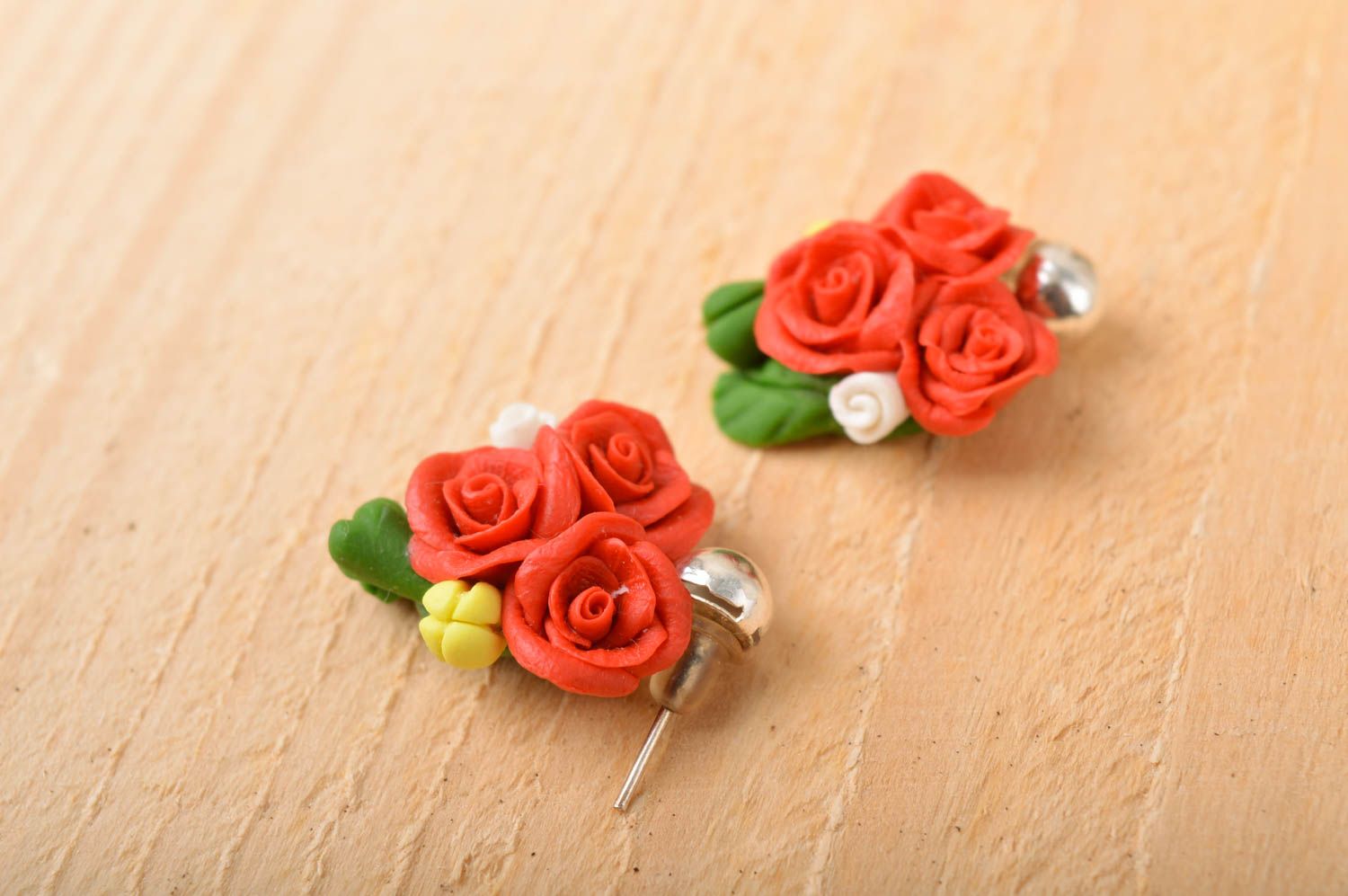 Handmade small stud earrings with cold porcelain red rose flower compositions photo 1