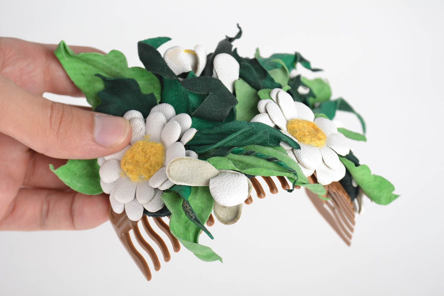 Handmade leather comb unique hair accessory textile flowers comb for girls photo 5