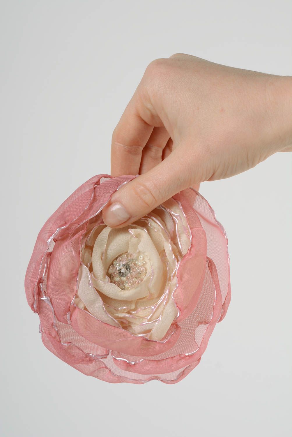 Handmade tender chiffon fabric flower brooch of pink color with beads and bugles photo 3