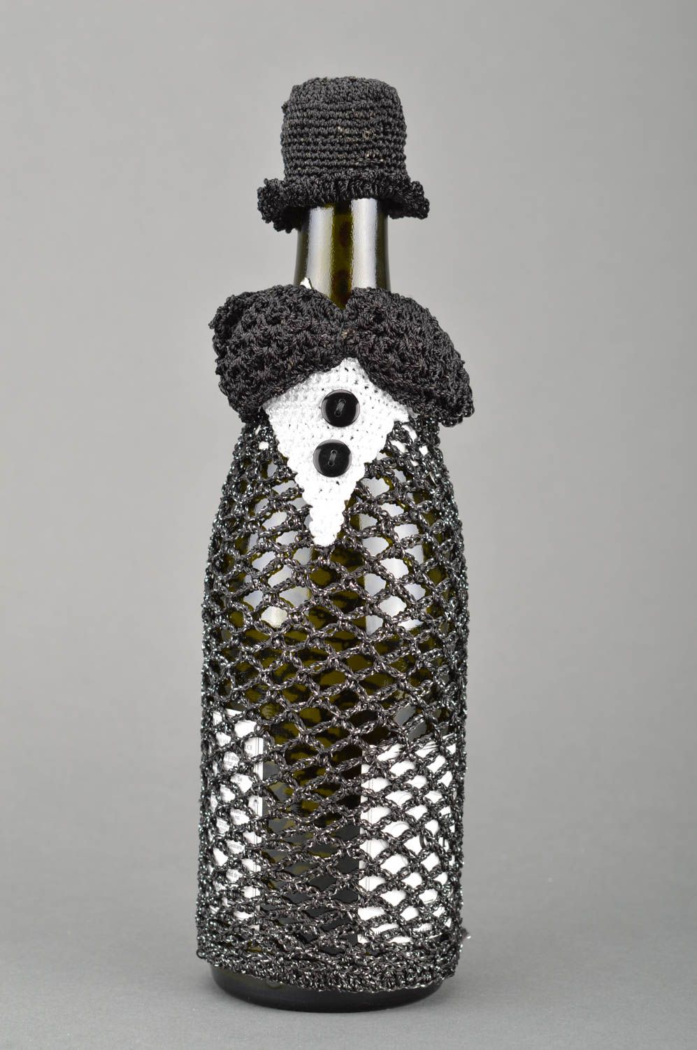 Handmade designer decorative bottle cozy crocheted black acrylic jacket and hat photo 5