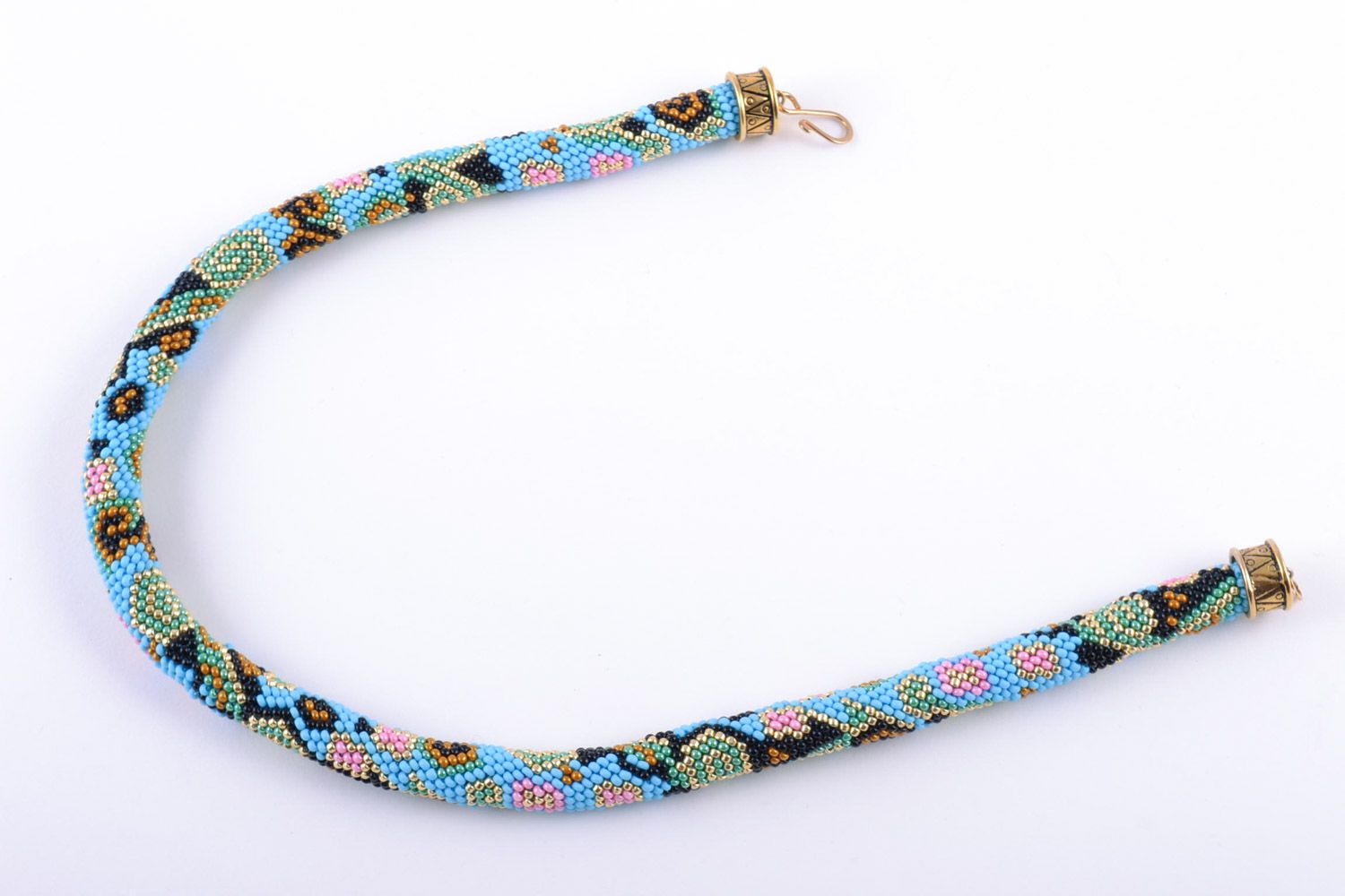 Handmade Czech bead cord necklace of turquoise color with unusual patterns photo 4