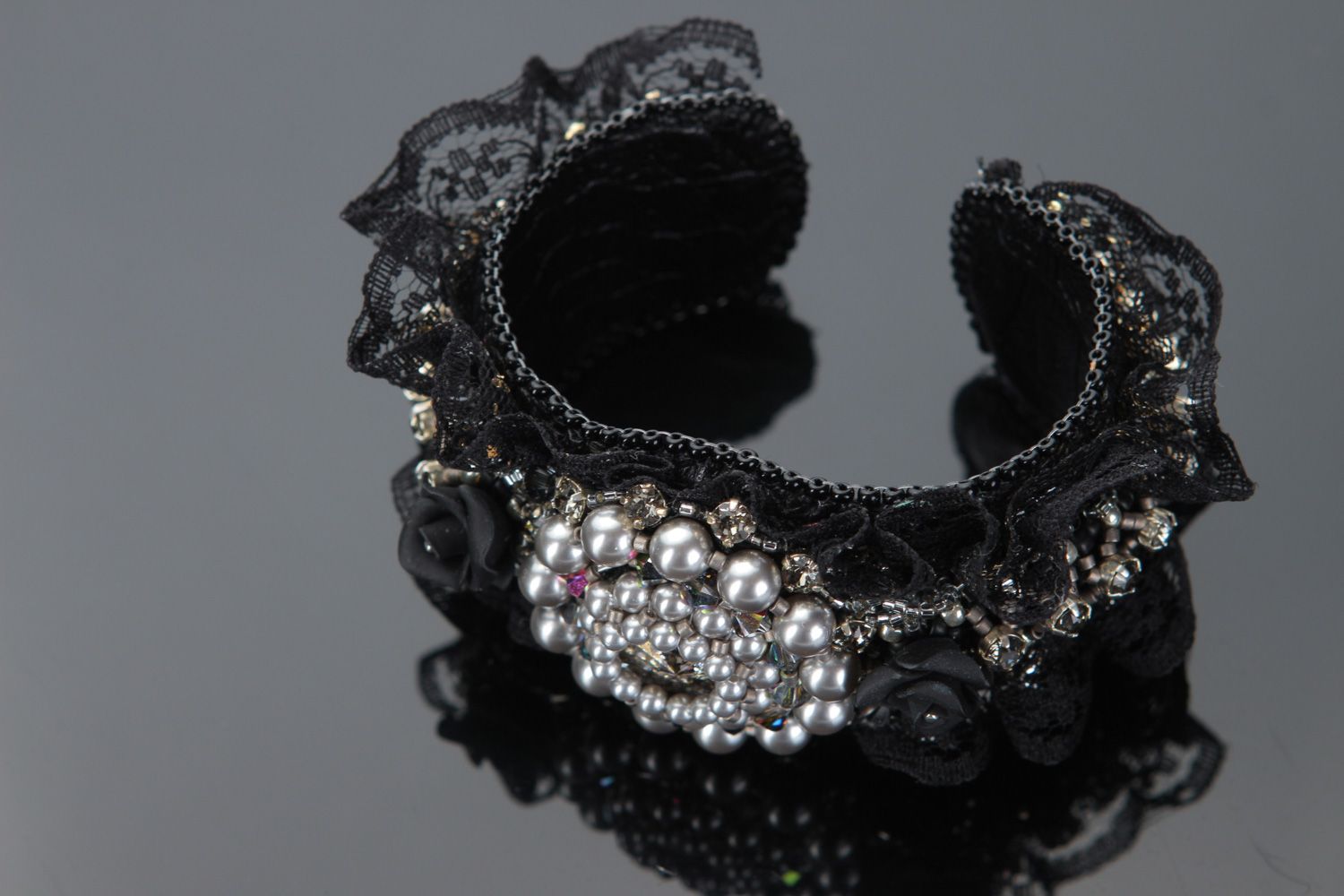 Handmade black wrist bracelet decorated with beads lace and Austrian crystal photo 1
