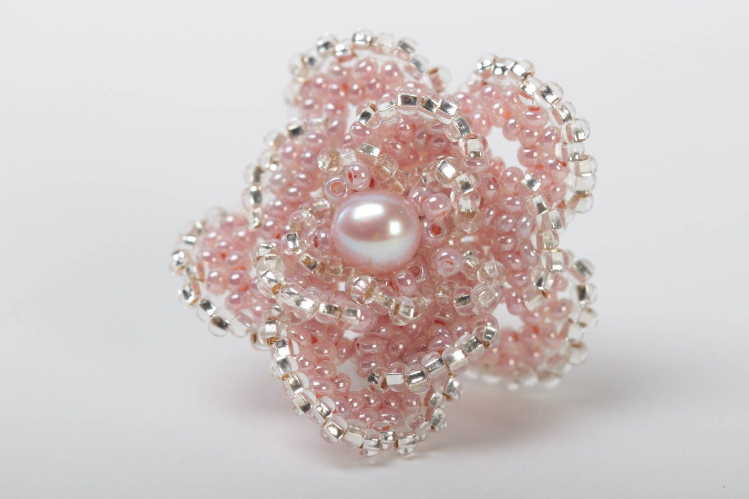 Handmade beaded ring unusual pink accessory for kids cute stylish jewelry photo 2