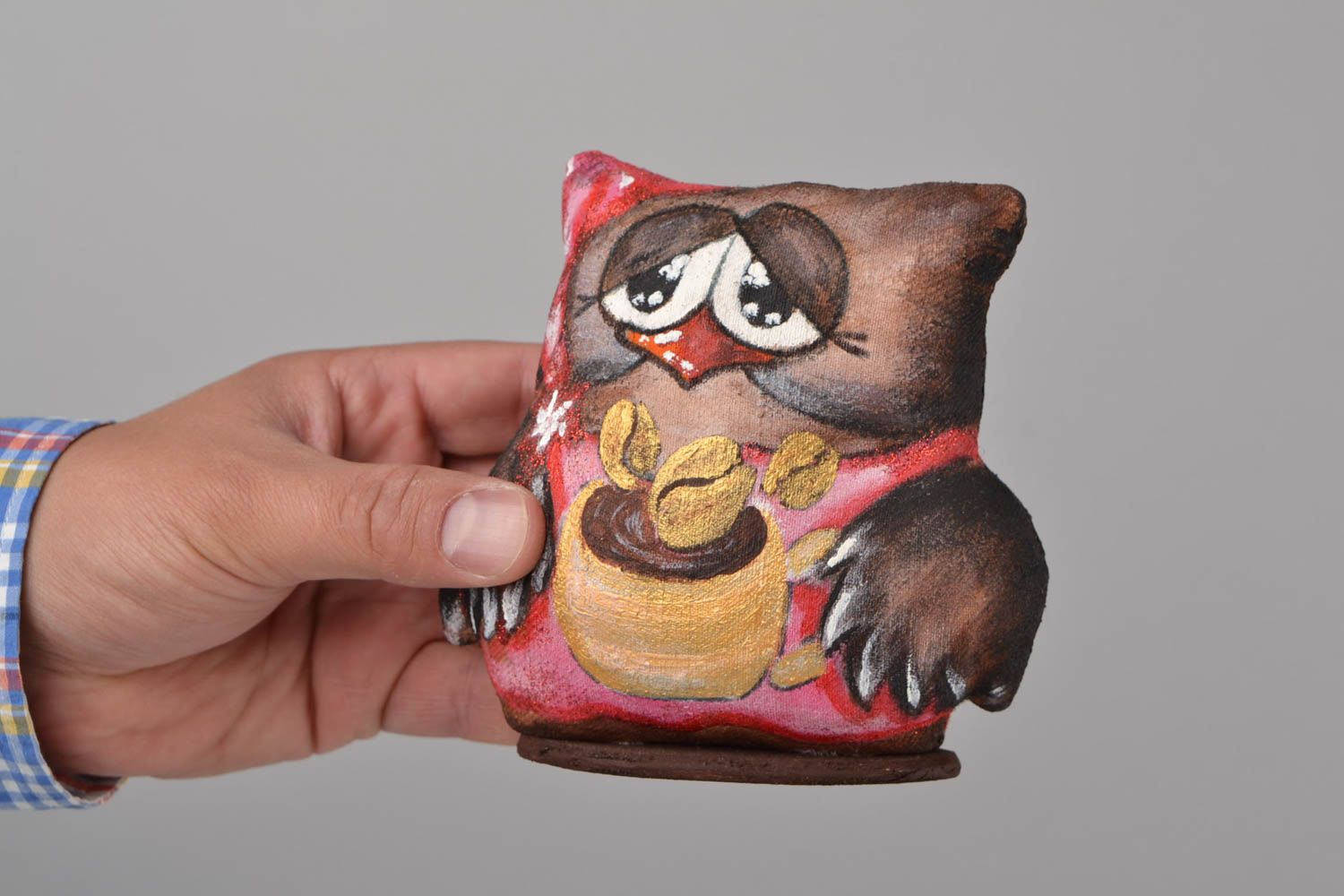 Handmade funny painted soft toy with coffee aroma and wooden stand Owl photo 2