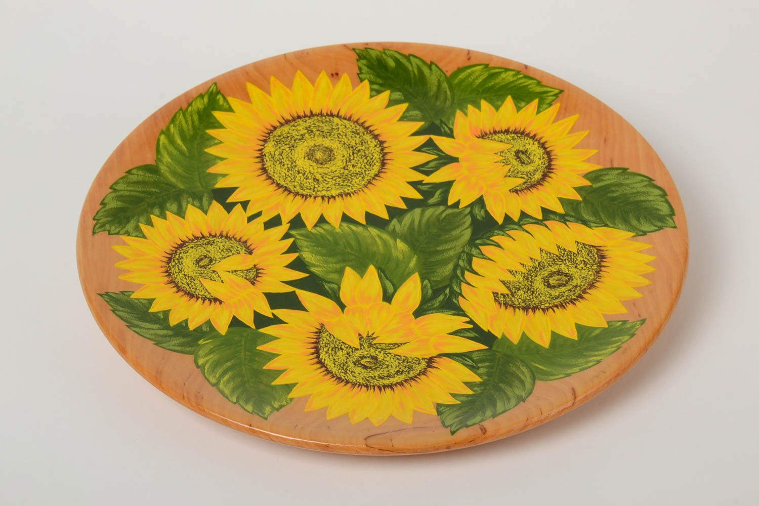 Декоративная тарелка из дерева с подсолнухами светлая расписная ручной работы фото 2