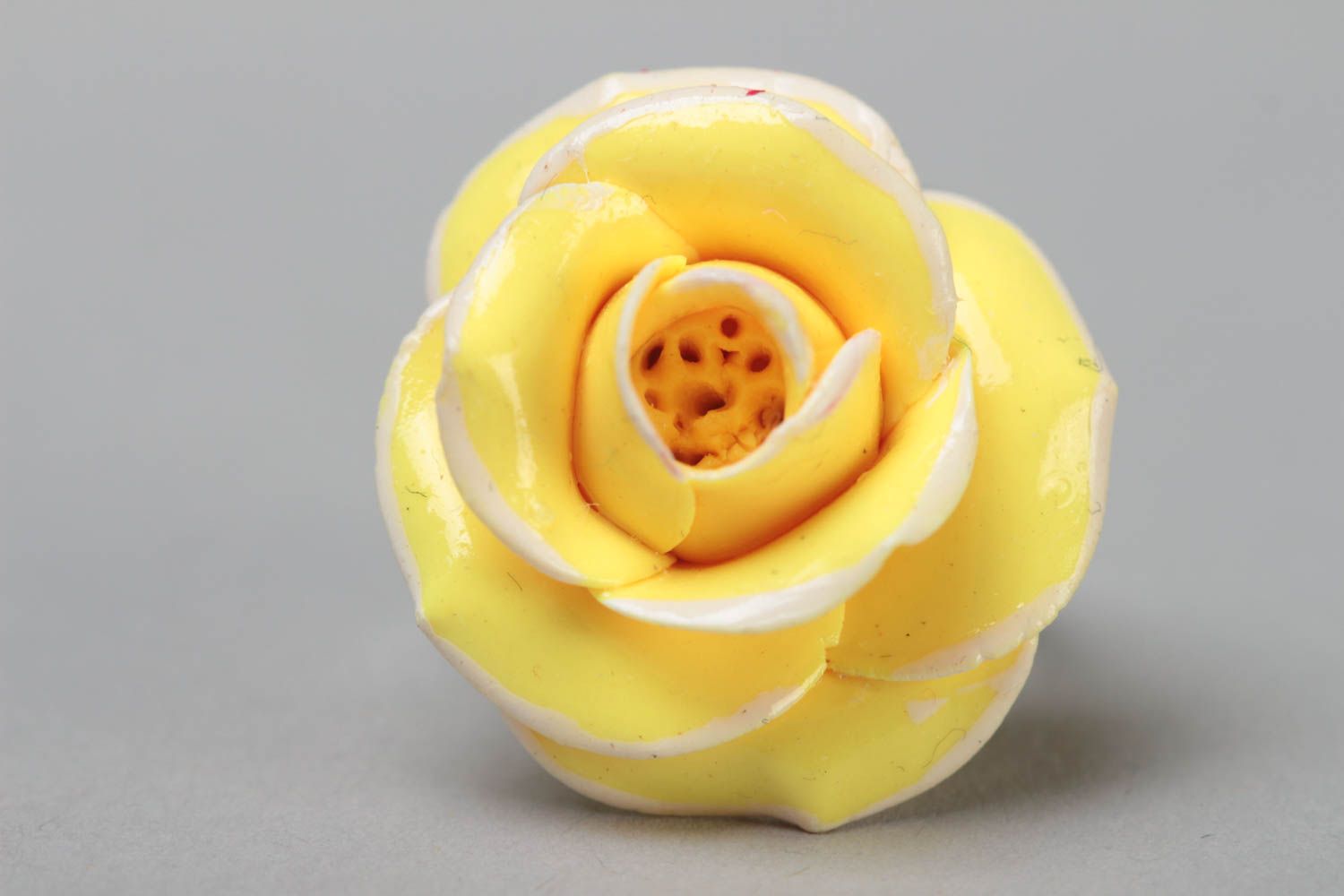 Handmade jewelry ring with polymer clay yellow rose flower and metal basis photo 2