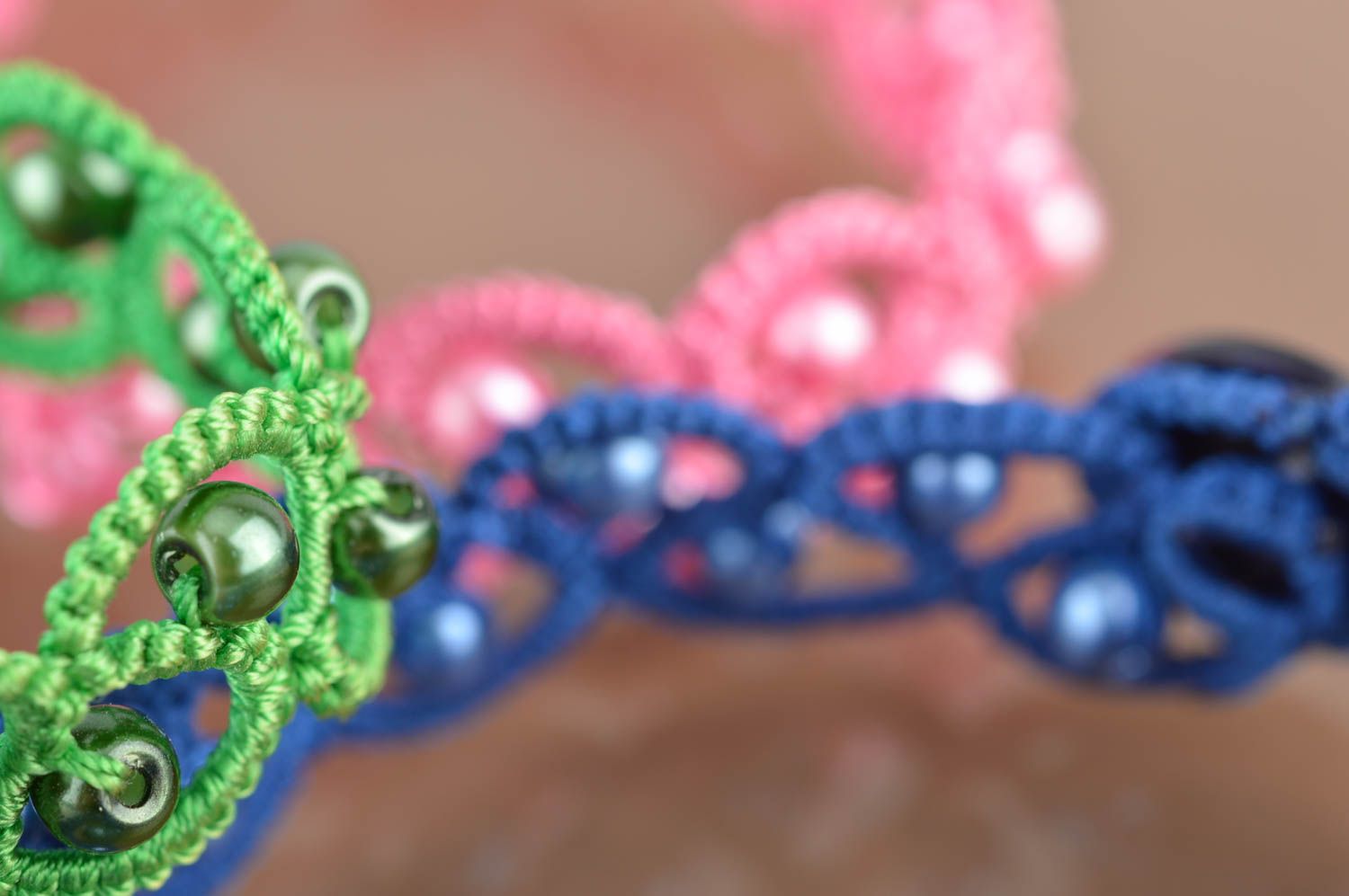 Set of 3 handmade designer tatted lace bracelets with beads green pink blue photo 3