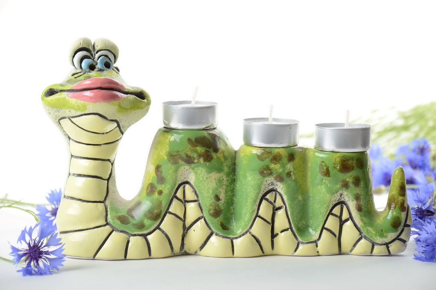 Handmade decorative ceramic painted candlestick for 3 tablet candles Snake photo 1