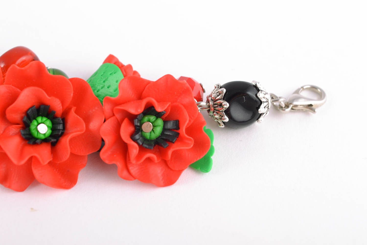 Bracelet en pâte polymère rouge fait main de design original fleurs pavots photo 4