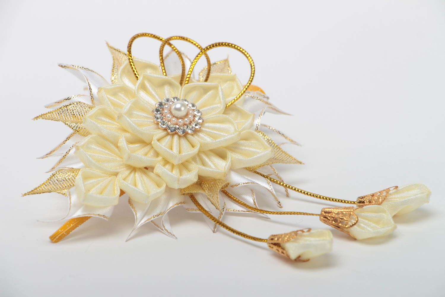 Beautiful handcrafted fower barrette unusual textile hair clip kanzashi flower photo 3