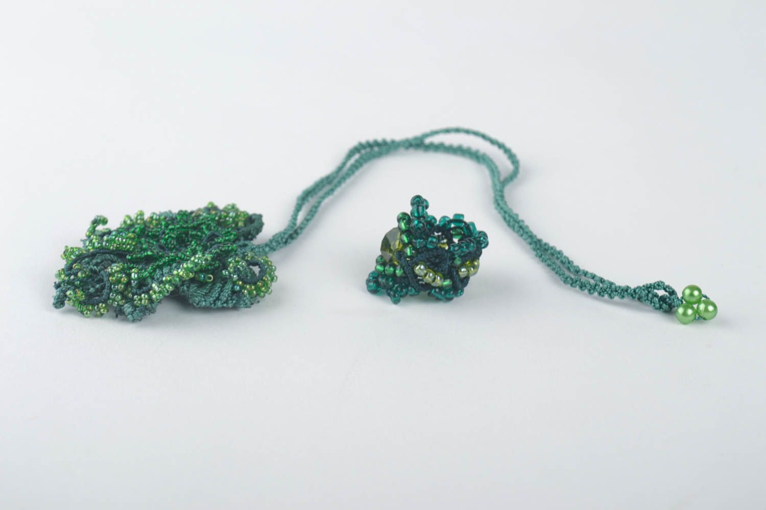 Textile jewelry set 2 pieces handmade beaded pendant woven bead ring gift ideas photo 4