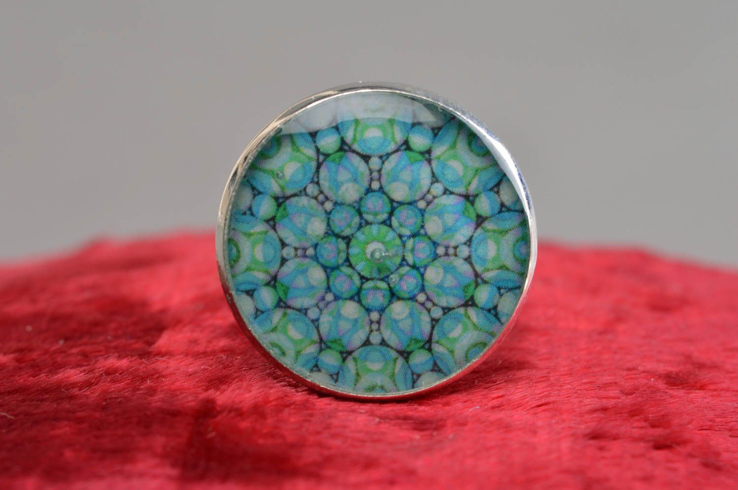 Unusual festive blue handmade designer decoupage ring with print photo 3