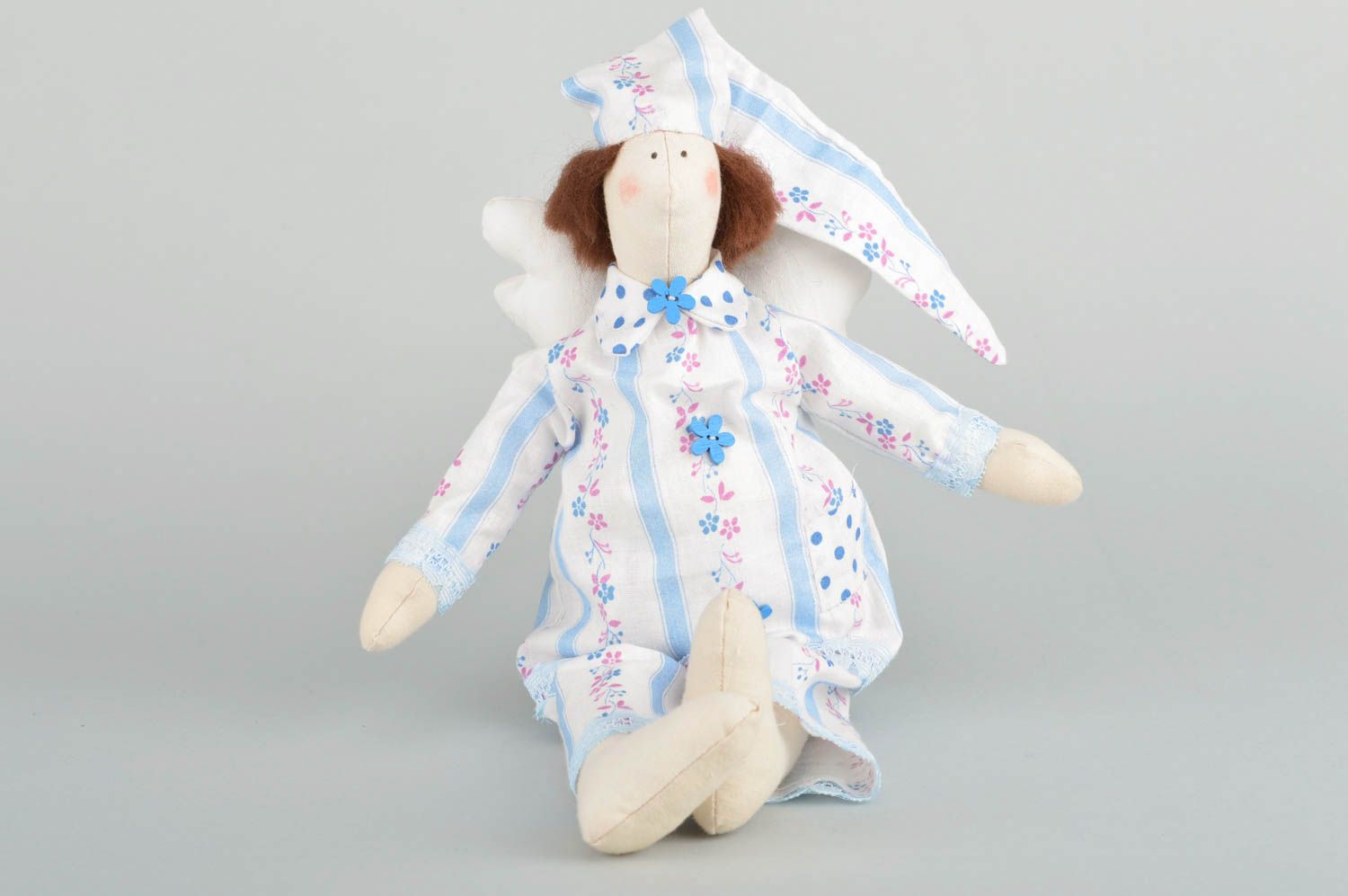 Handmade cotton fabric designer small soft toy angel in blue pajama photo 2