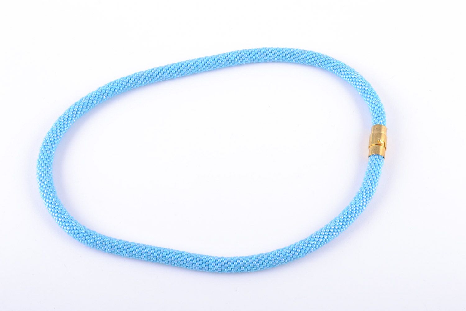 Beautiful handmade women's plain woven beaded cord necklace of blue color photo 4