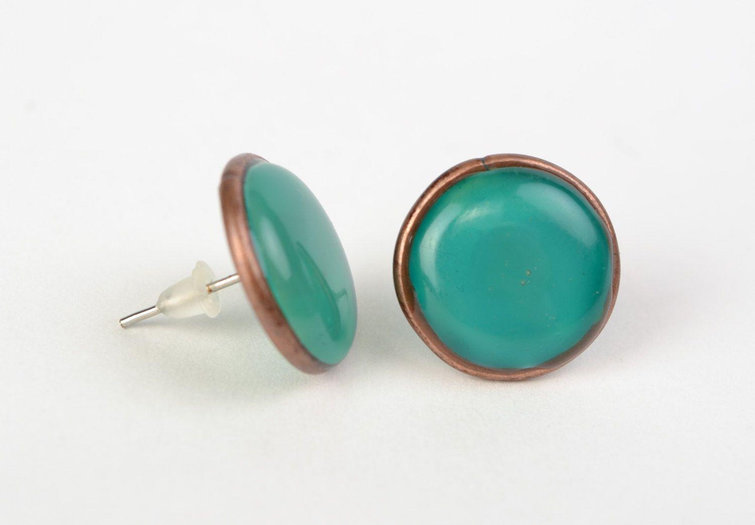 Handmade small tender stud earrings with jewelry glaze of turquoise color photo 1