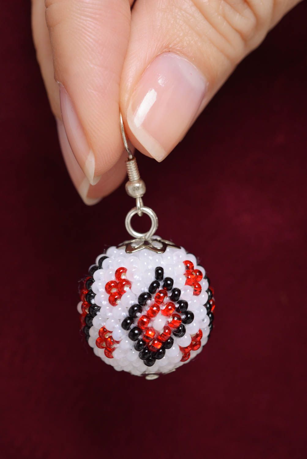 Beautiful handmade white beaded ball earrings with ornament in ethnic style photo 3