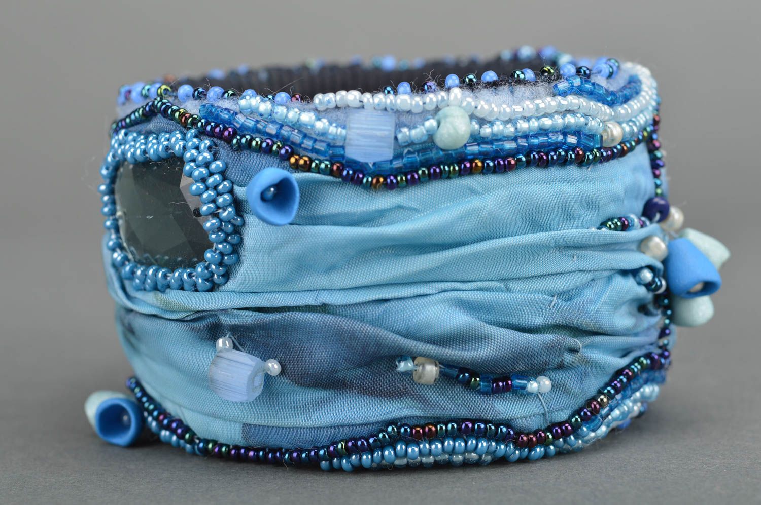 Handcrafted fabric massive handmade bracelet in blue color decorated with beads photo 4