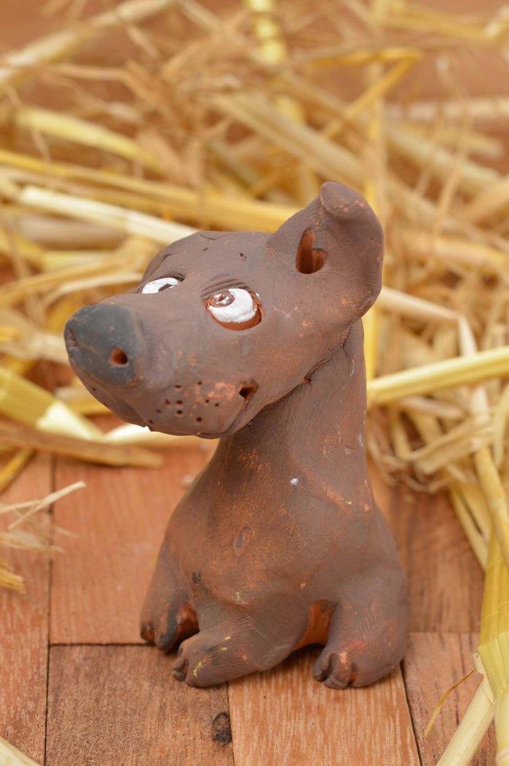 Figurine chien brun faite main Statuette design en argile Déco maison originale photo 1