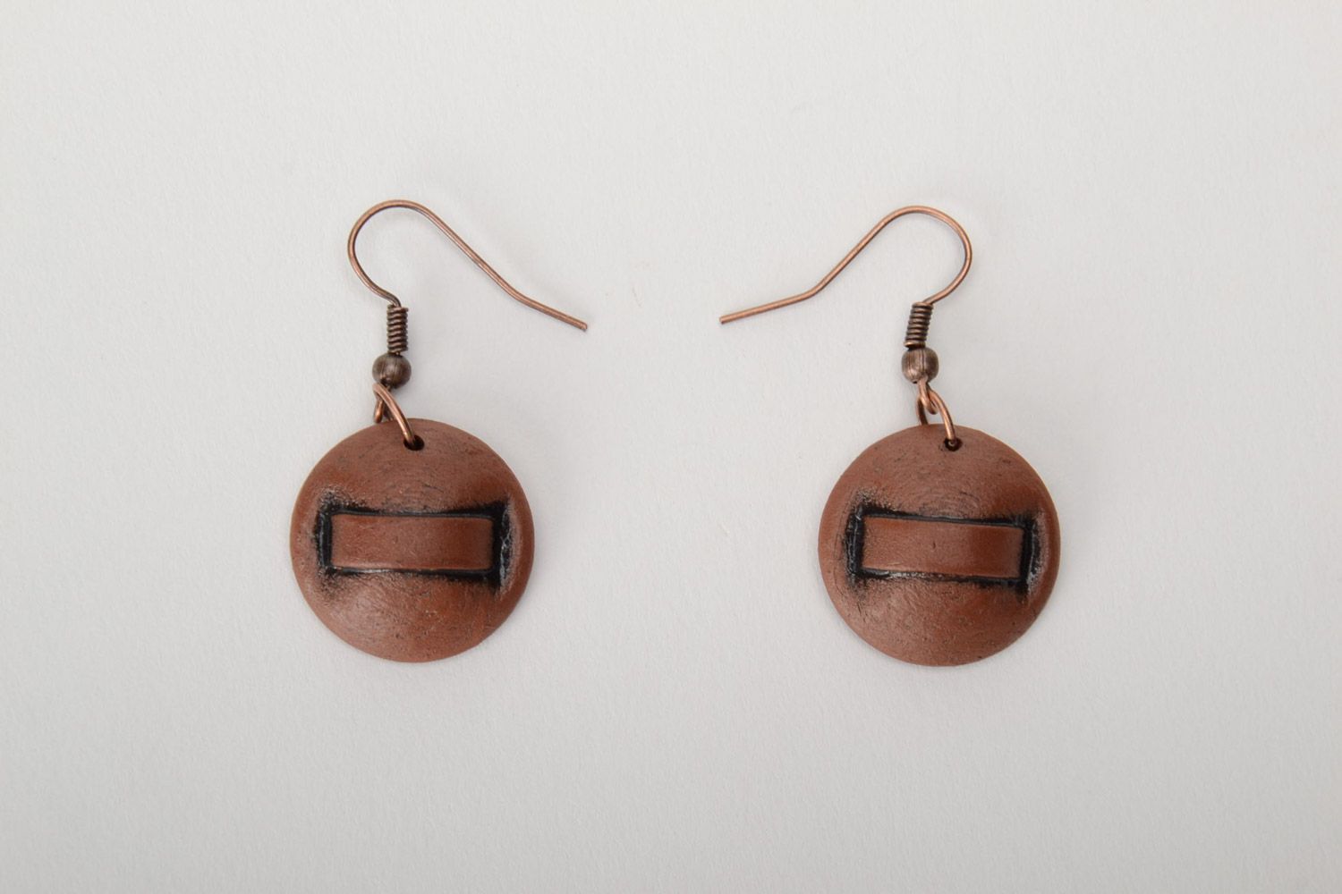 Handmade festive brown ceramic dangle earrings of round shape painted with enamel photo 3