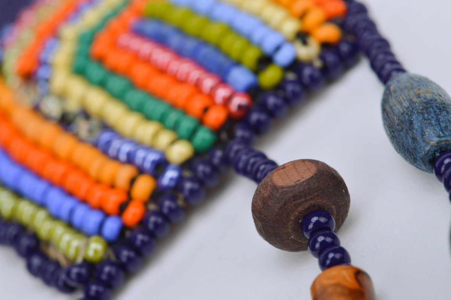 Handmade colorful massive ethnic beaded necklace on leather basis with button photo 4