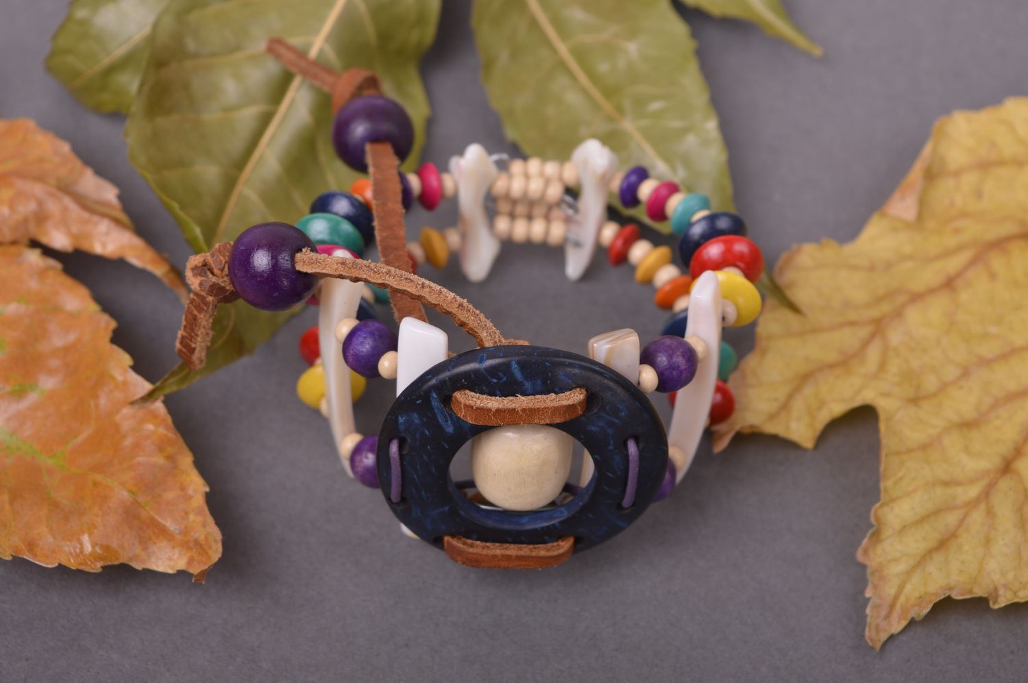 Bracelet large Bijou fait main cuir perles de bois multicolore Cadeau femme photo 1