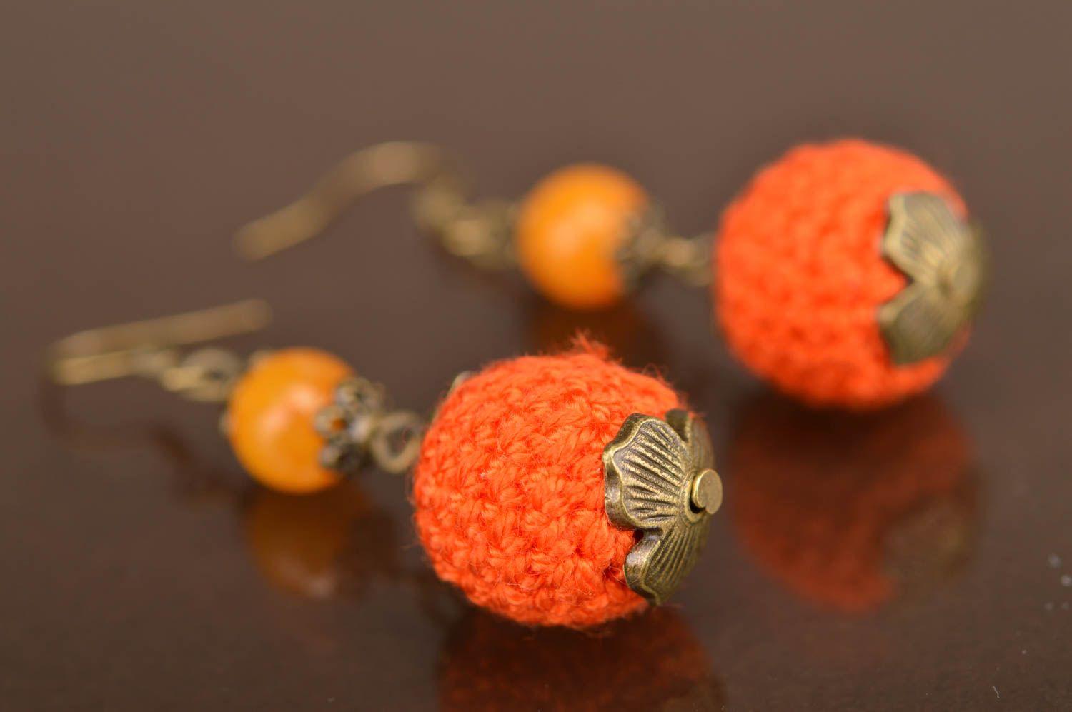 Unusual cute crocheted beautiful designer round handmade orange earrings  photo 3
