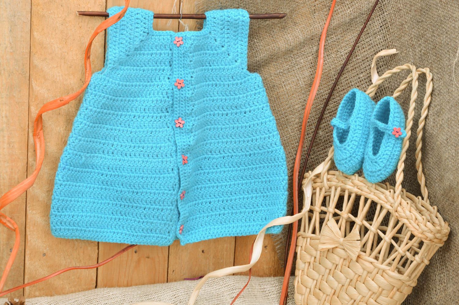 Set of handmade crochet baby girl clothes of blue color vest and shoes 2 items photo 1
