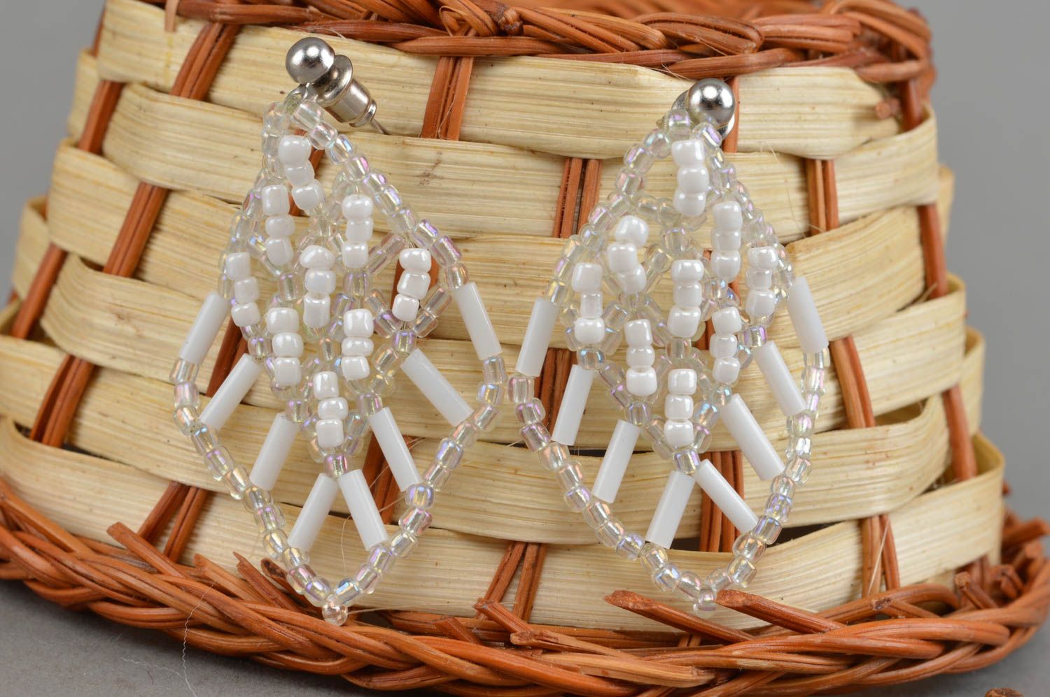 Beautiful white handmade beaded earrings woven earrings with beads gift ideas  photo 1