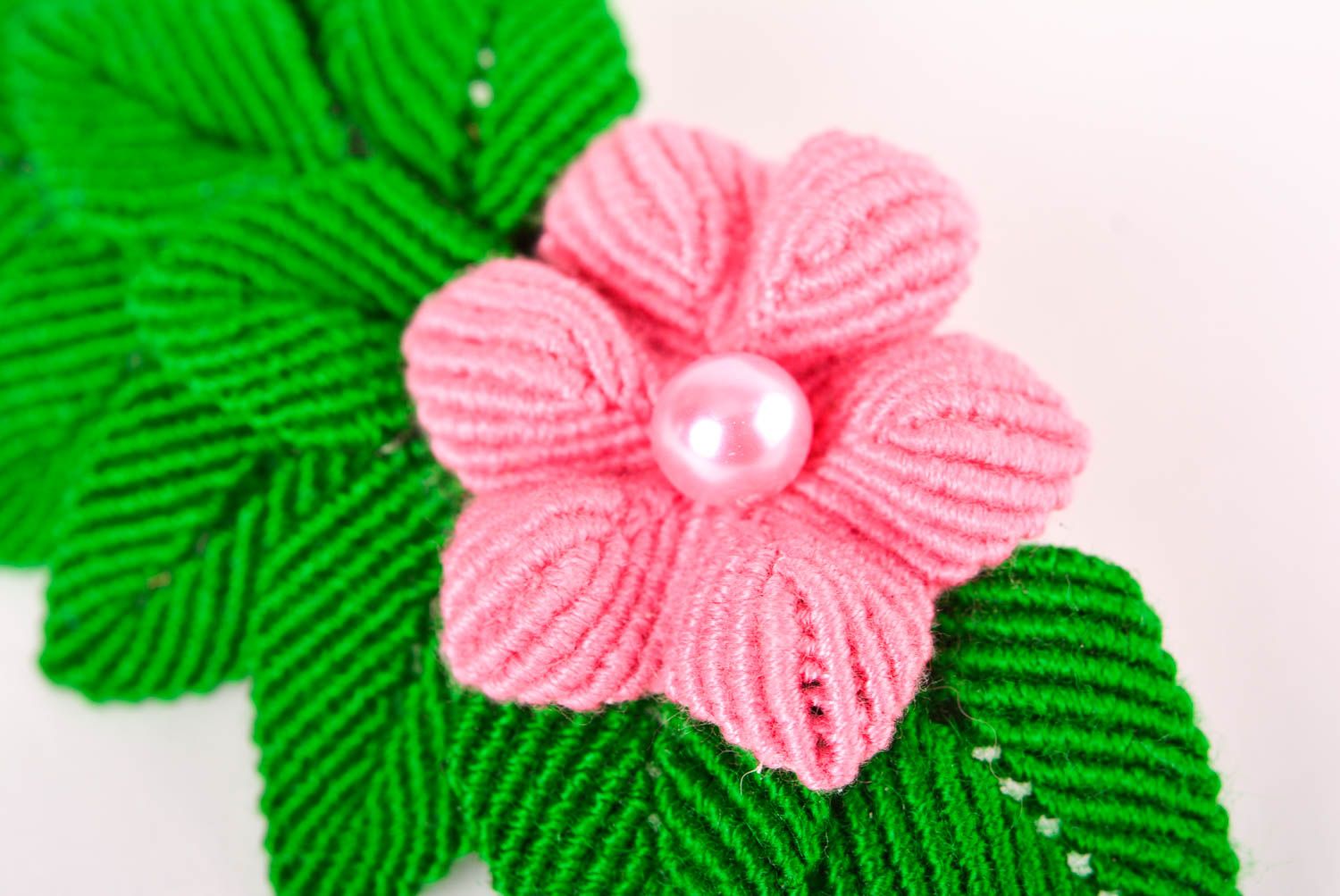 Barrette fleur faite main Accessoire cheveux vert-rose fil de coton Cadeau femme photo 3