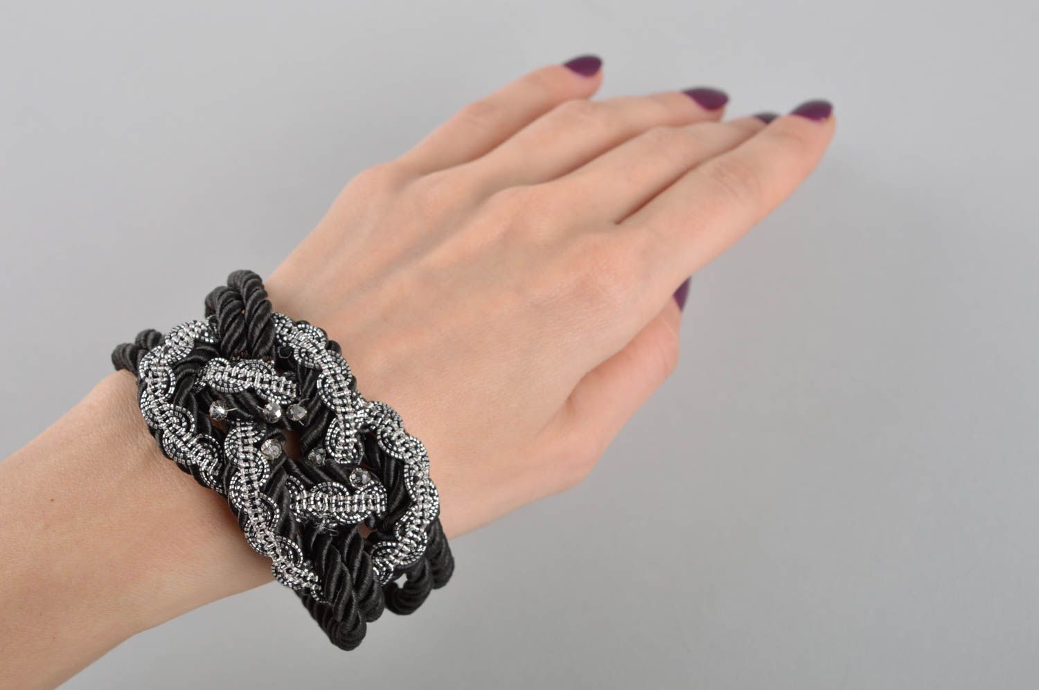 Handmade black wrist bracelet beaded textile bracelet designer accessory photo 4