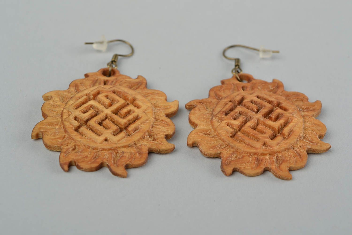 Handmade carved wooden dangle earrings with Slavic symbols  photo 4