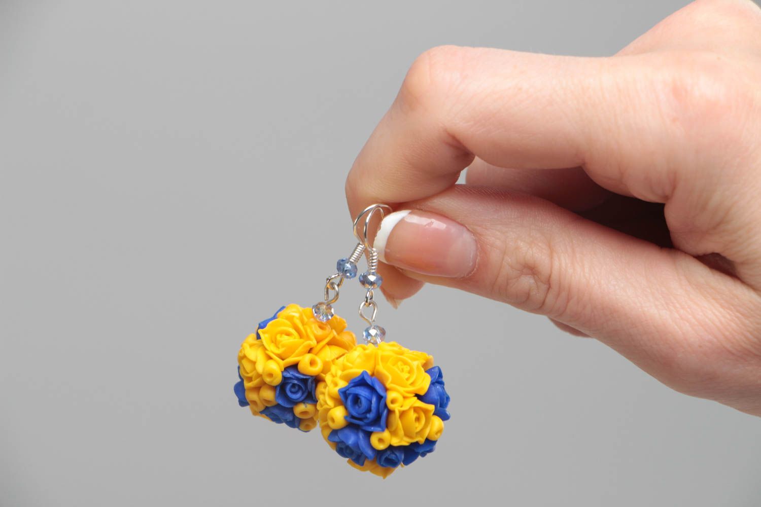 Earrings with flowers made of polymer clay with beads bright yellow with blue  photo 5