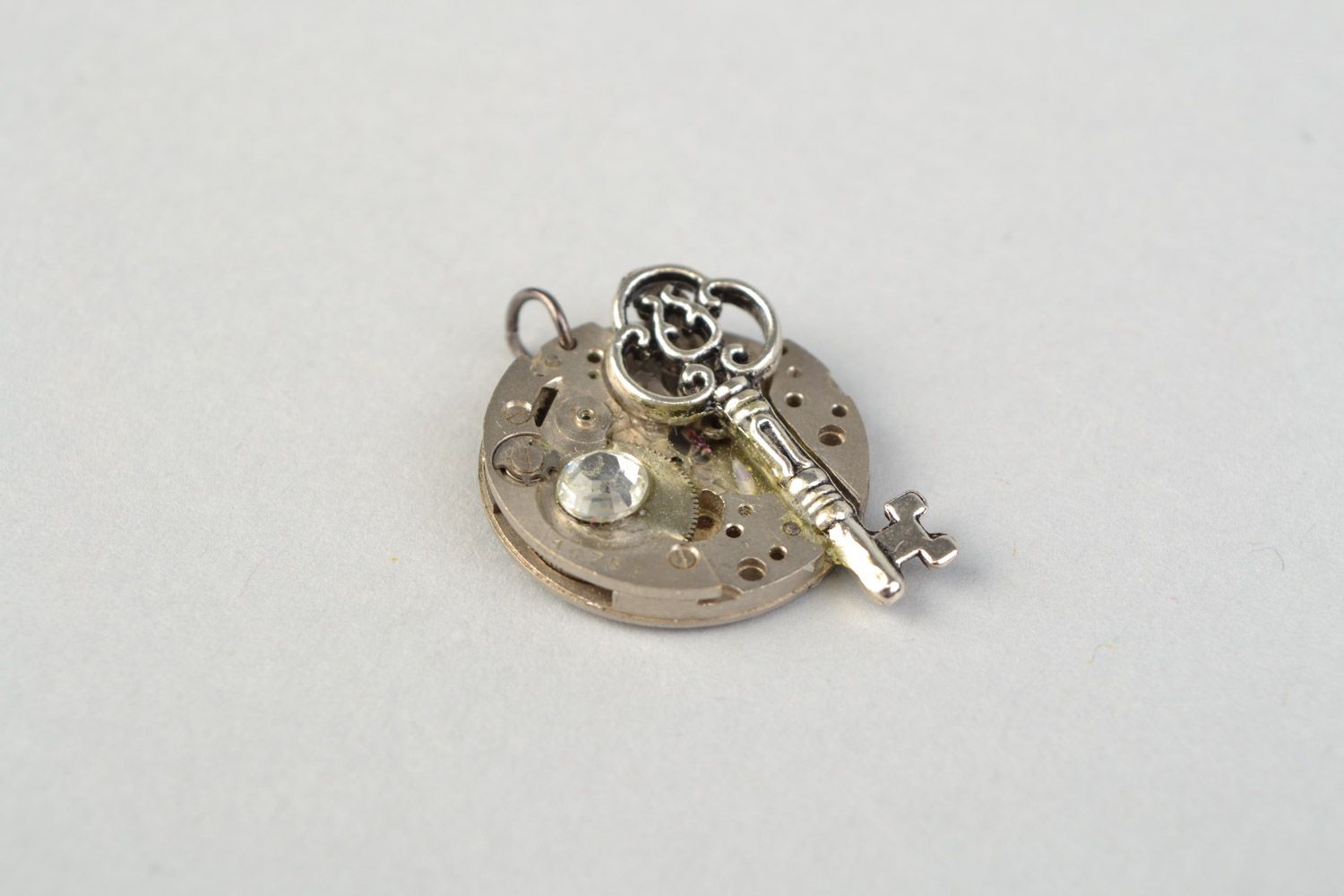 Tiny handmade metal pendant with clock mechanism in steampunk style Key to Time photo 3