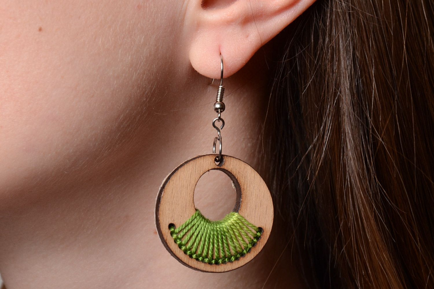 Handmade round shaped plywood earrings with green embroidery  photo 5