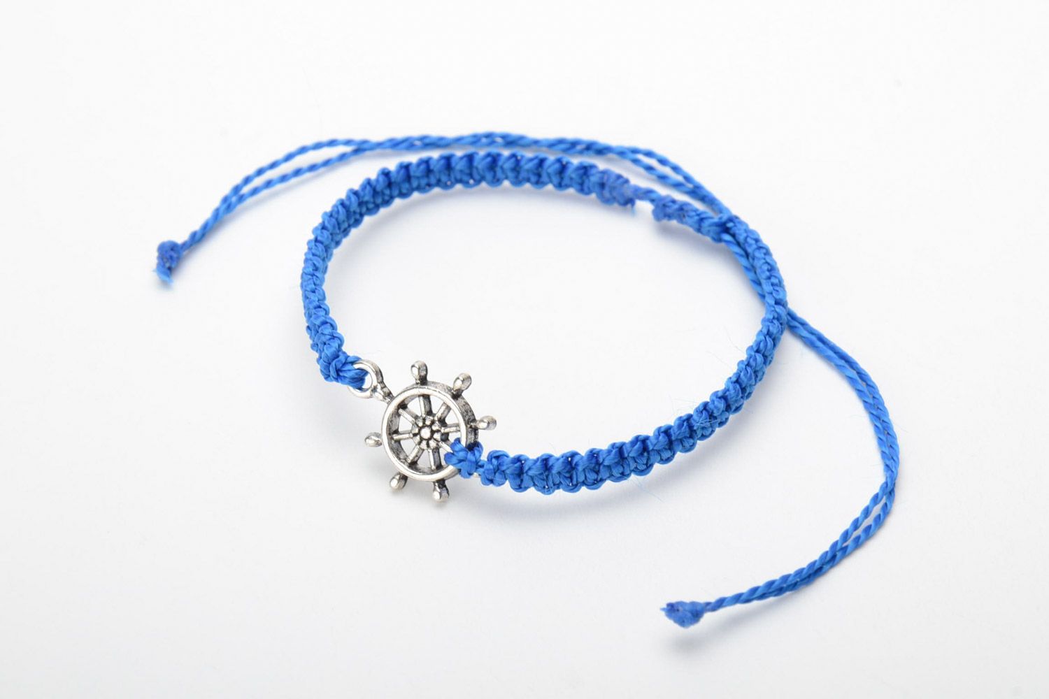 Handmade blue macrame woven thread bracelet with metal anchor charm photo 3