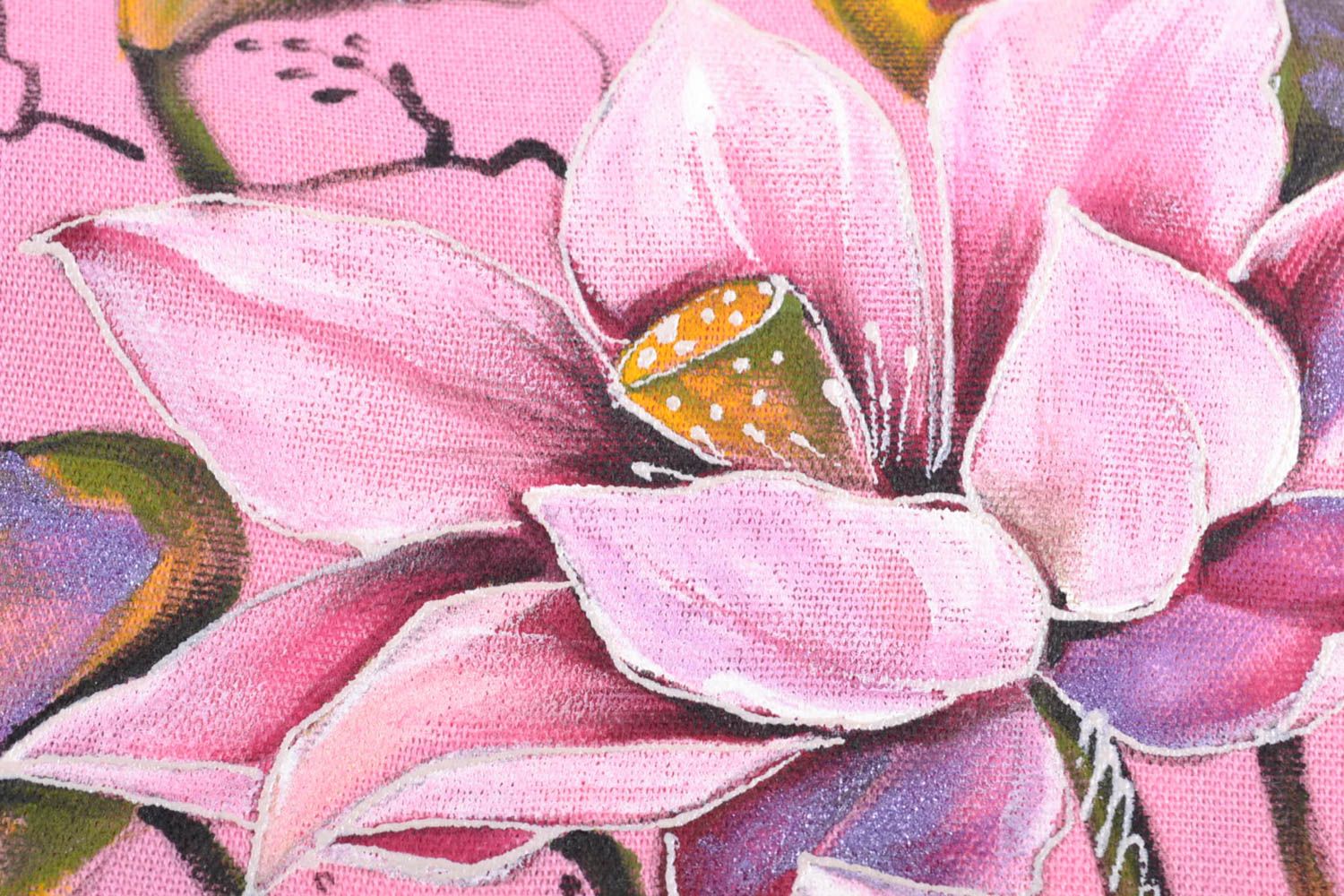 Pink cashmere scarf with acrylic painting Lilies photo 3
