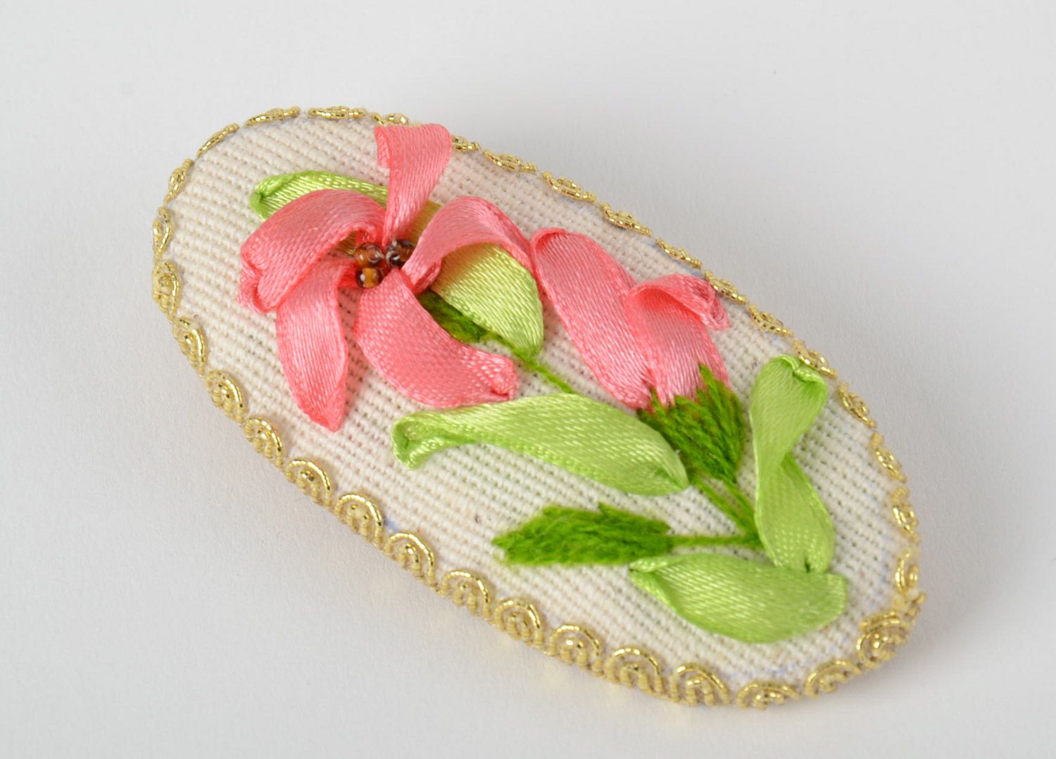 Handmade large elegant oval brooch with ribbon embroidery handmade photo 2