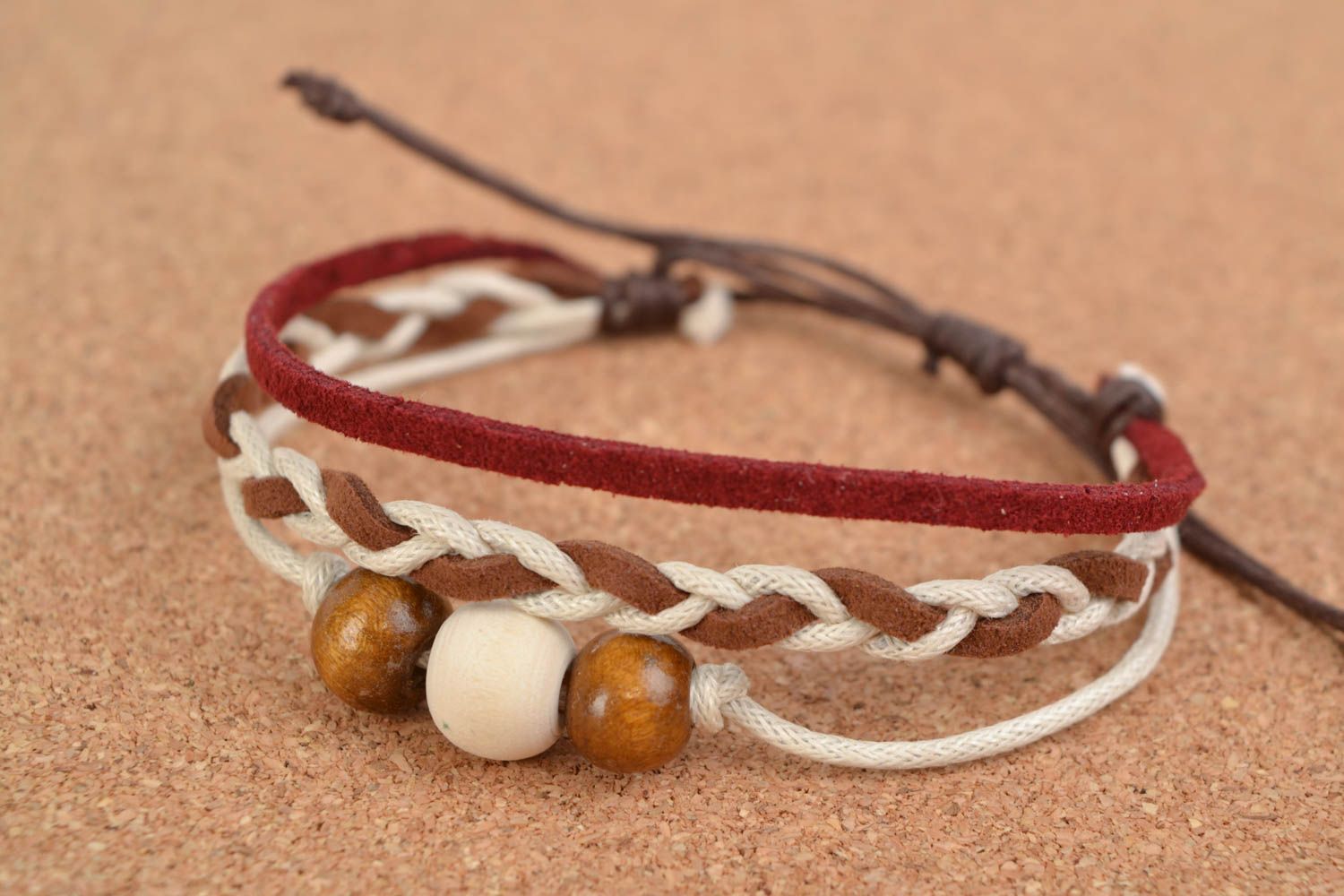 Stylish handmade woven suede cord bracelet with wooden beads photo 1