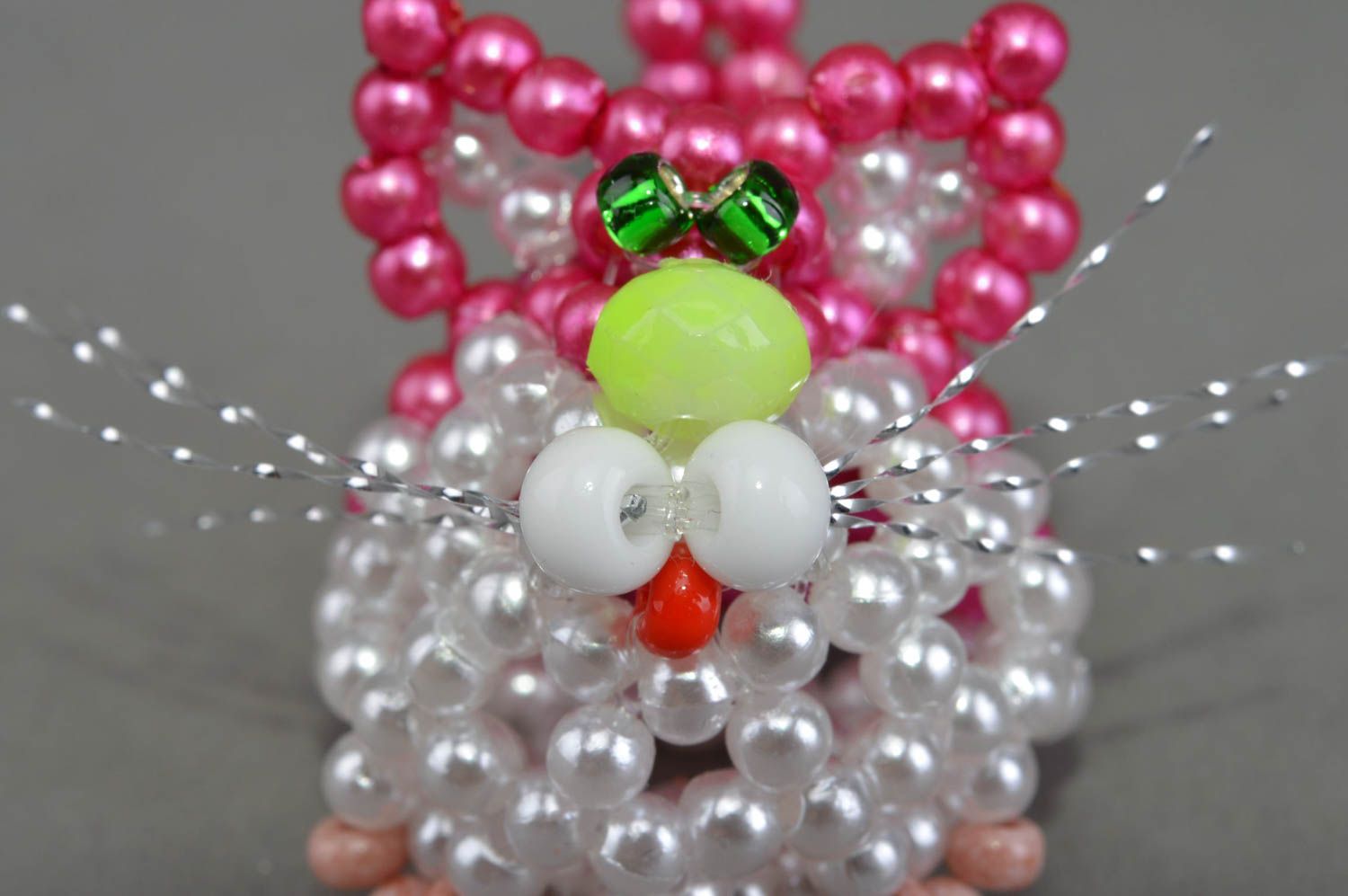 Small handmade decorative beaded statuette of cat of crimson color for gift photo 5