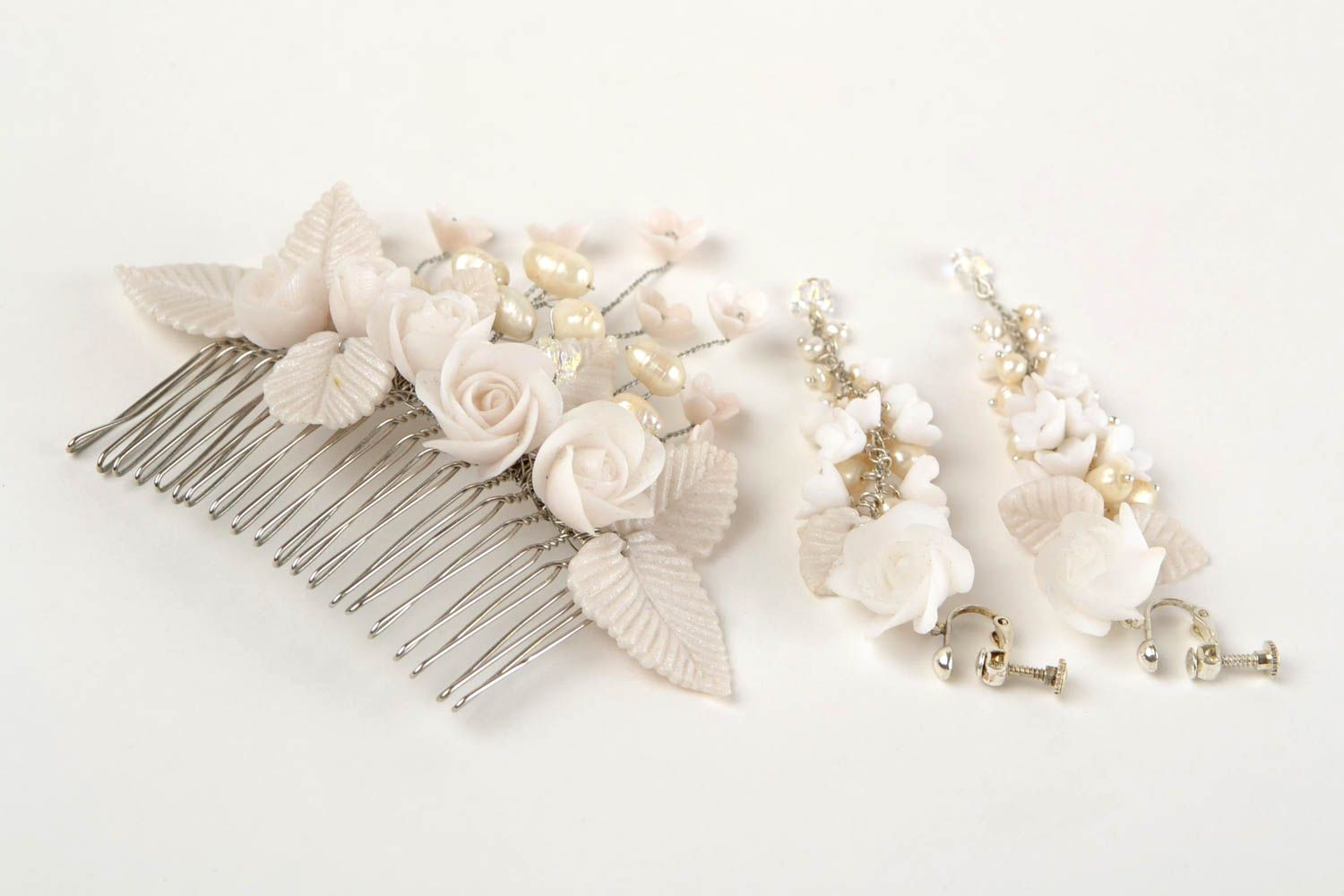 Handmade jewelry set flower hair comb dangling earrings wedding accessories photo 4