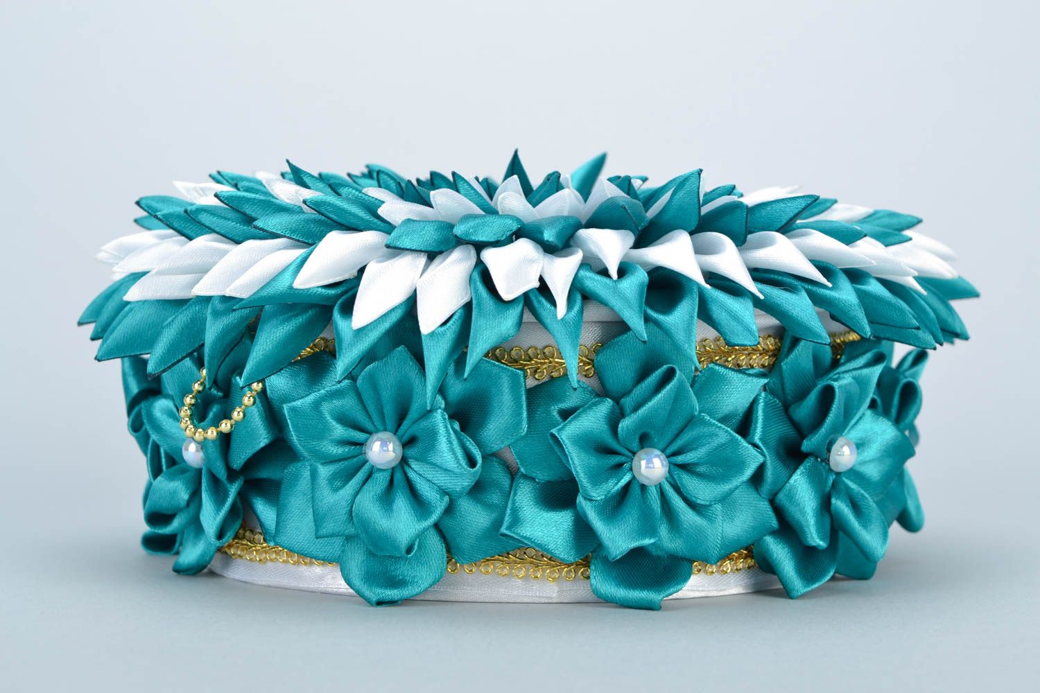 Handmade decorative round blue satin ribbon jewelry box with detachable lid photo 5