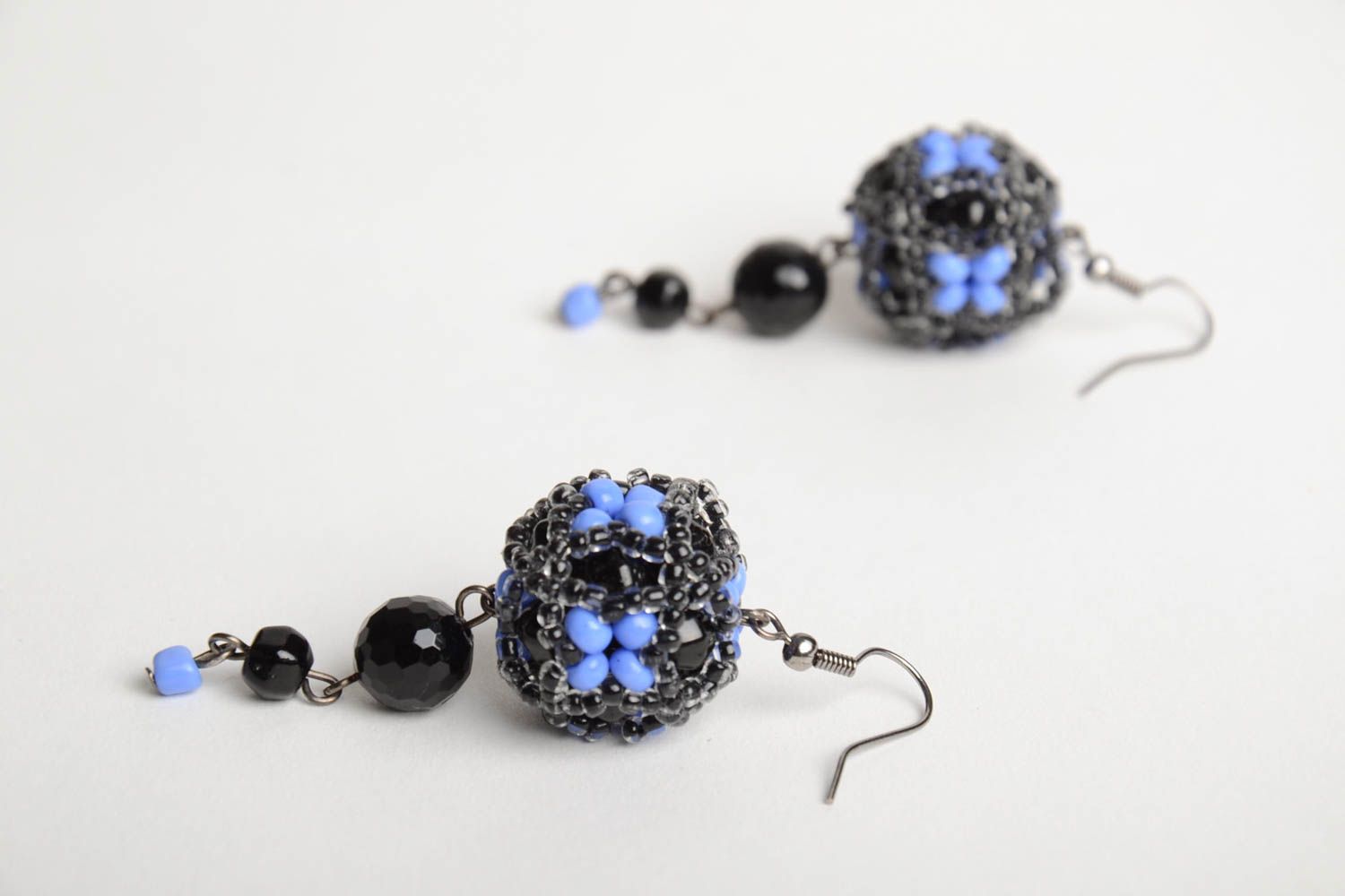Handmade designer dangling earrings crocheted of blue and black seed beads photo 3