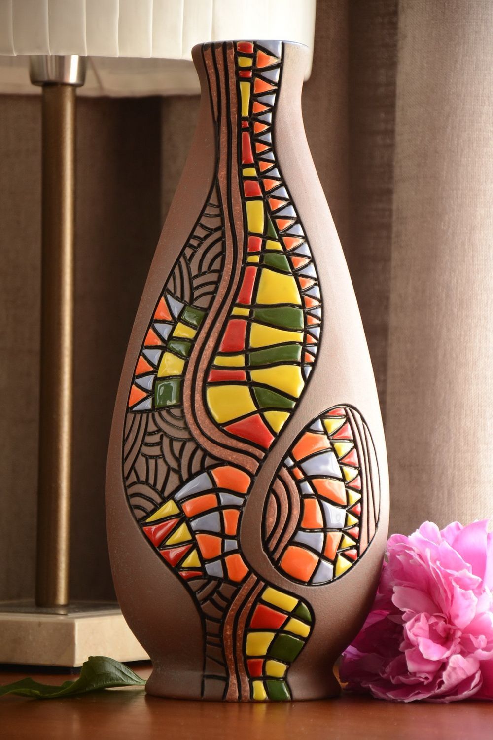 Grand vase multicolore haut en argile peint fait main design original 3 l photo 1