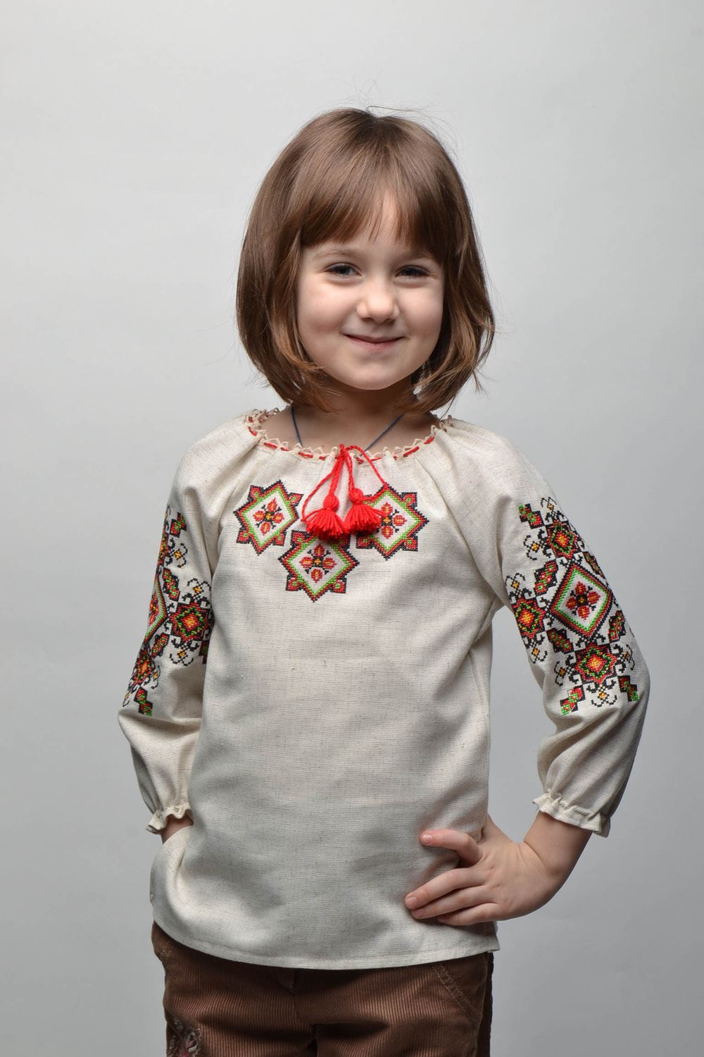 Ukrainian ethnic embroidered shirt with long sleeves for 5-7 years old kids photo 1