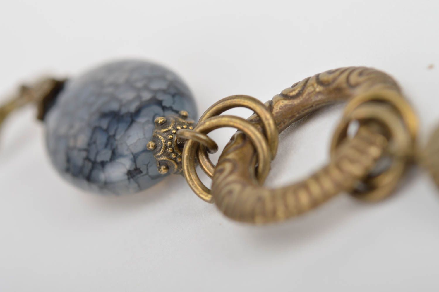 Handmade massive designer metal long dangle earrings with violet beads Snake Eye photo 4